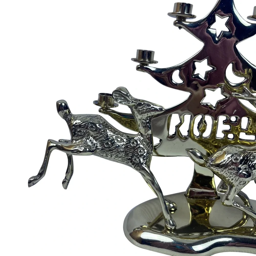 Vintage‎ Brass Christmas Tree Candelabra Reindeer Noel Candle Holder